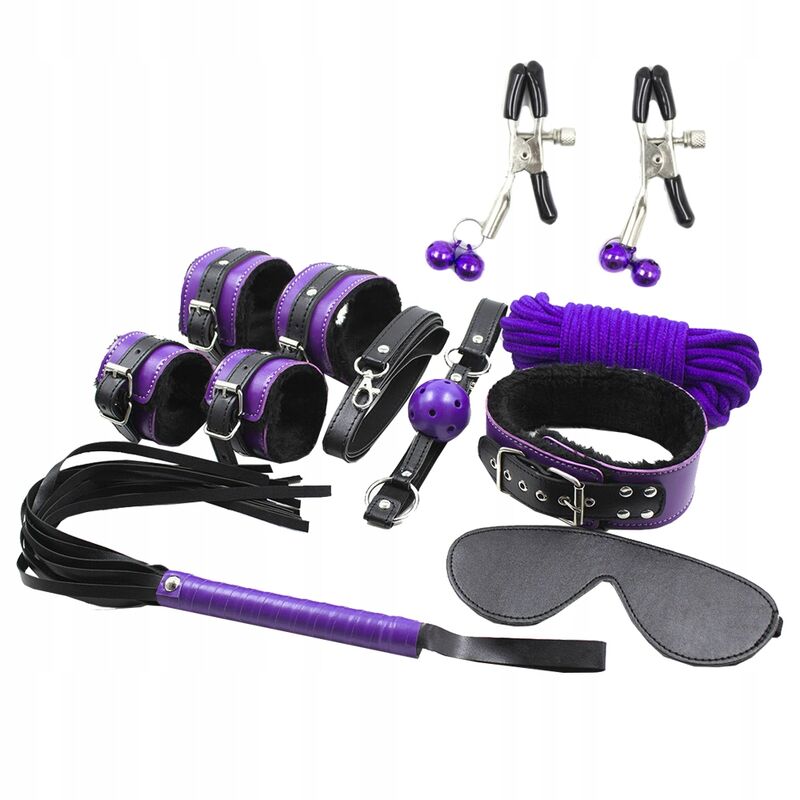 Ensemble BDSM 8 Pièces en Synthétique Noir et Violet pour Éveiller vos Sens