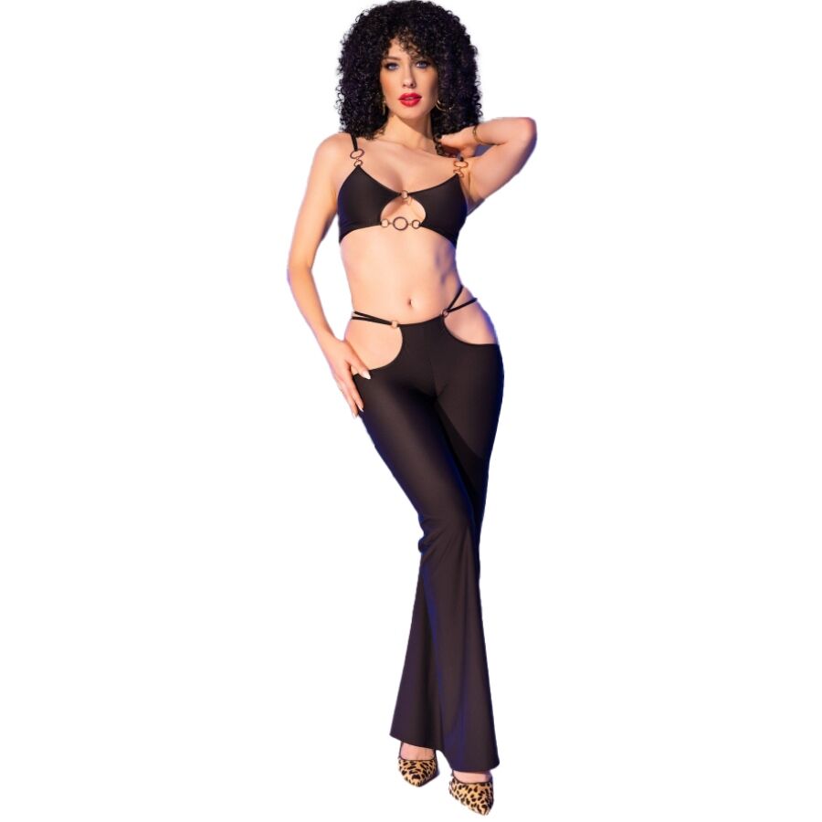 CHILIROSE - CR 4851 ENSEMBLE TOP ET LEGGINGS NOIRS AVEC ACCESSOIRES DORÉS L