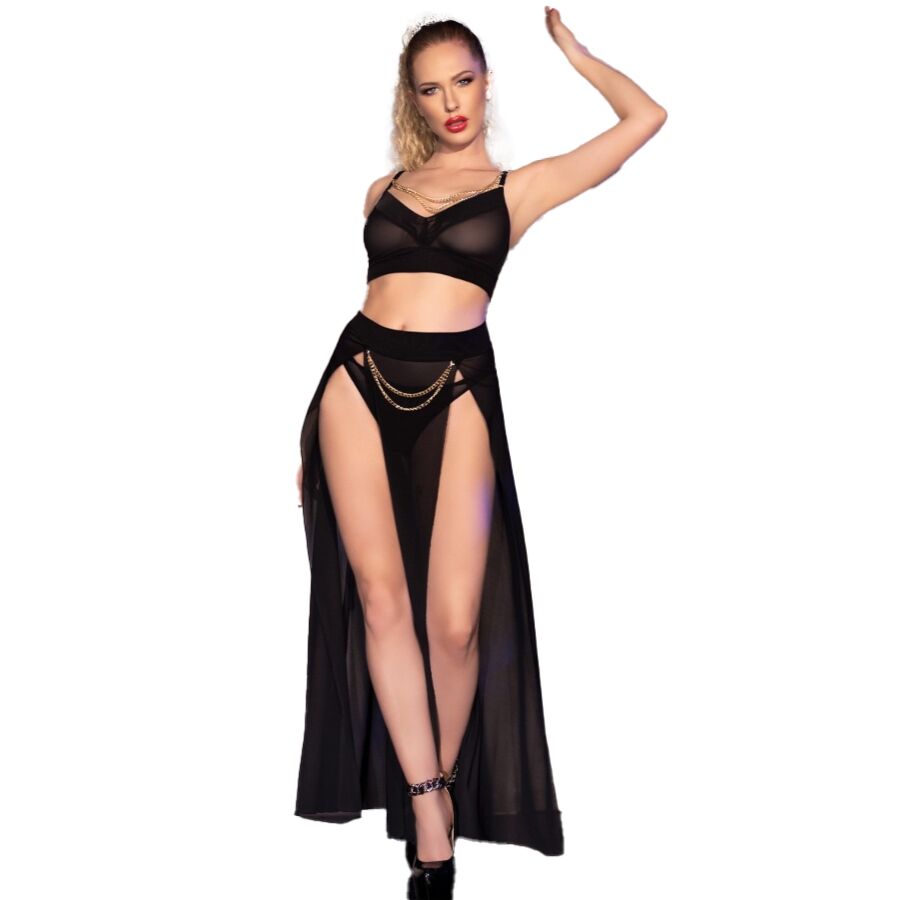 CHILIROSE - CR 4672 JUPE ET STRING NOIRS AVEC CHAÎNES DORÉS S