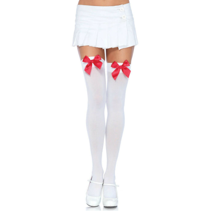 Cuisses Hautes en Nylon avec Nœud Élégant Blanc/Rouge - Leg Avenue