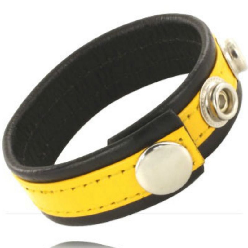 Sangle Pénienne en Cuir Jaune et Noir - Plaisir BDSM Réglable