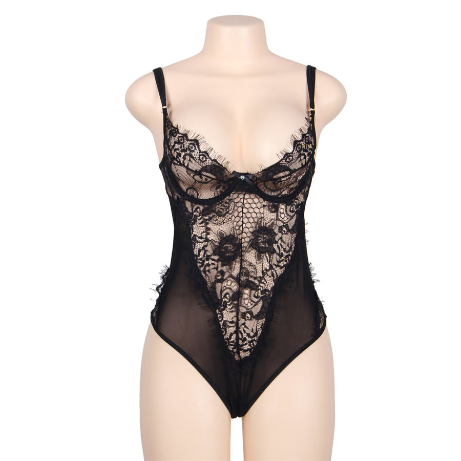 Teddy Noir Sublime avec Dentelle Florale et Franges – Élégance et Confort