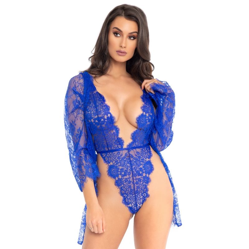 Teddy Dentelle Bleu et Robe de Chambre Élégante - Ensemble 3 Pièces